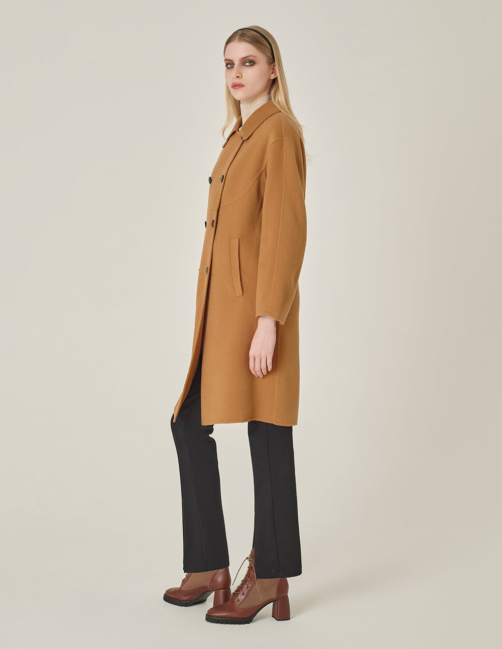 MARYLING Round-Neck Double-Breasted H-Shaped Camel-Colored Cashmere Coat