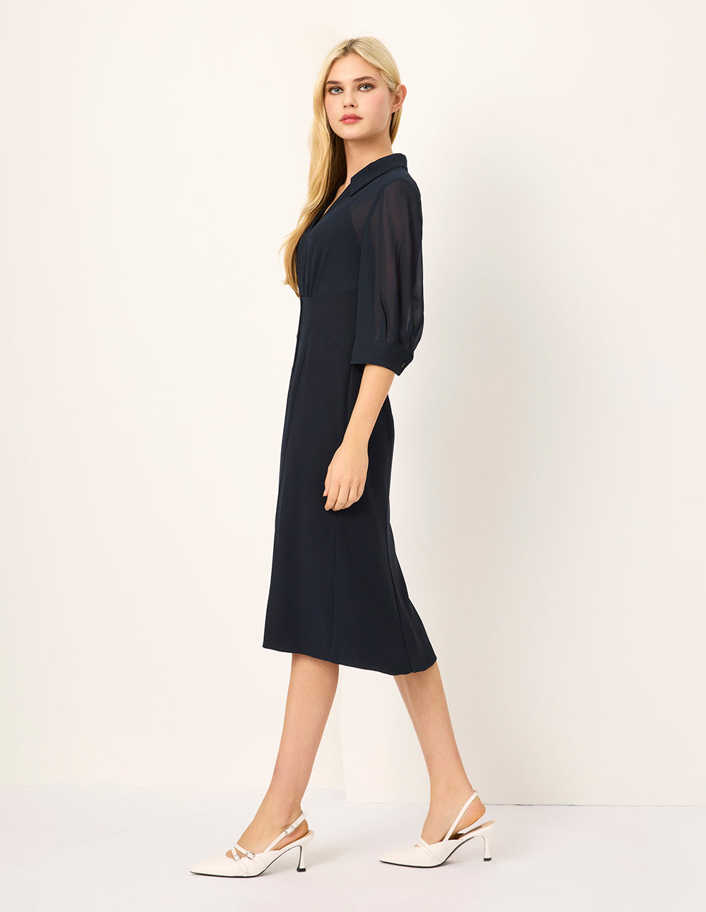 MARYLING Spliced Transparent Georgette Half-Sleeve Midi Shirt Dress