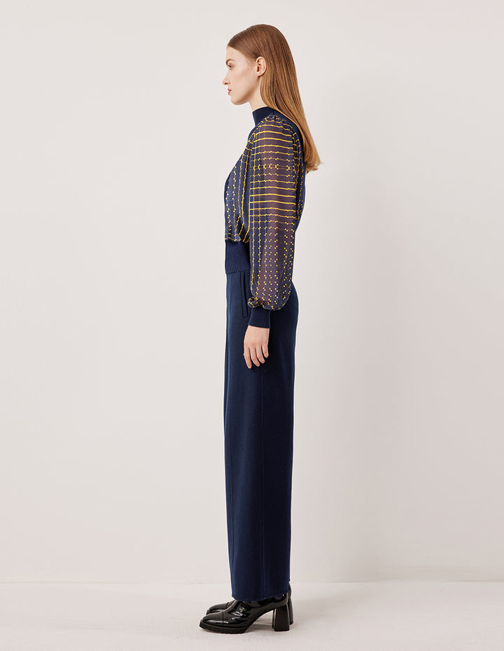 MARYLING Navy Plaid Patchwork Semi-High Neck Pullover Top