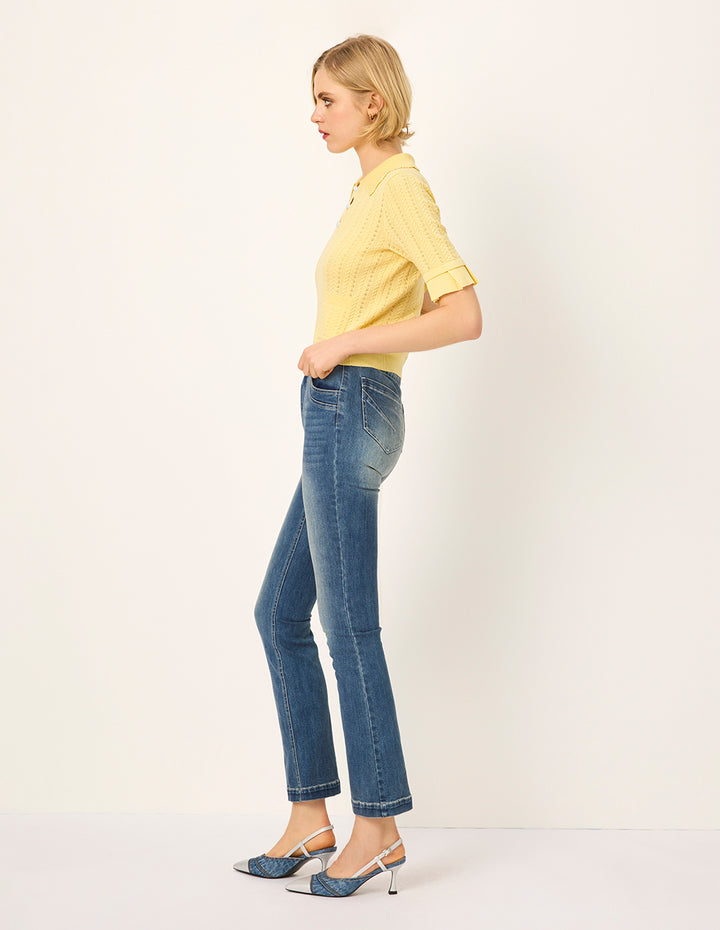 MARYLING Collared Short-Sleeve Silk Rib Knit Sweater