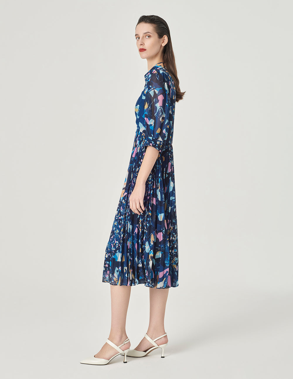 MARYLING V-Neck Shirt Style Printed Half-Sleeves Midi Dress