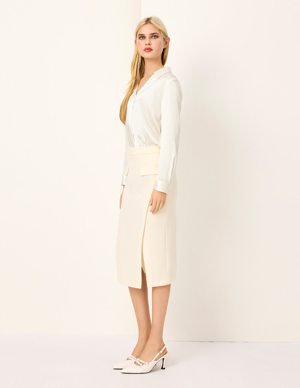 MARYLING Cream V-Neck Silk Long-sleeve Blouse