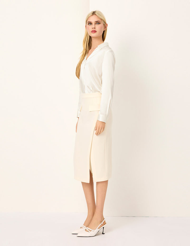 MARYLING Cream V-Neck Silk Long-sleeve Blouse