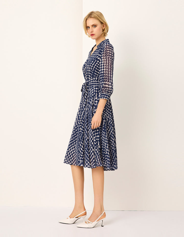 MARYLING Shirt Collar Long-Sleeve Empire Tie-Waist Printed  Midi Dress
