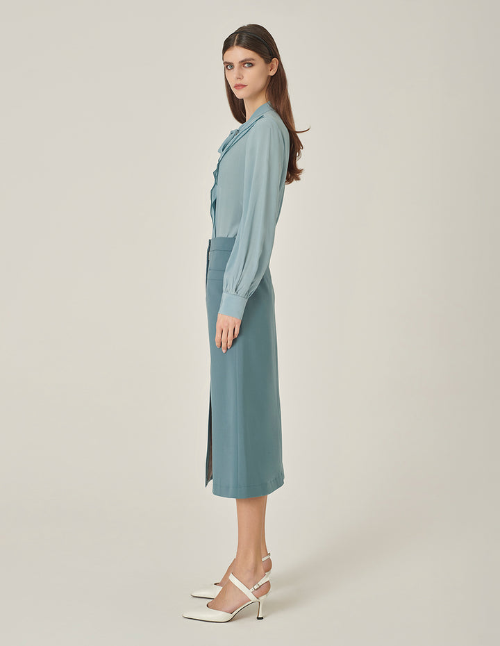 MARYLING Mist Blue Mid-Front Slit Knee-Length A-Line Skirt