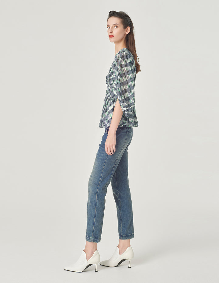 MARYLING Black And Grey Striped V-Neck Top