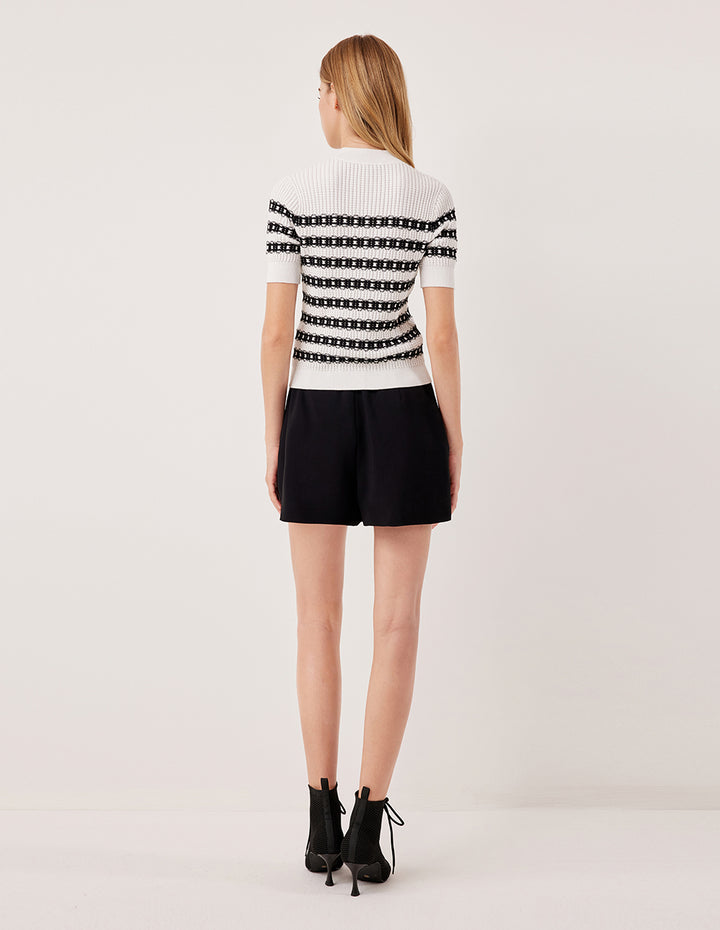 MARYLING Round Neck Short Sleeve Lace Textured Stripe Knit Top