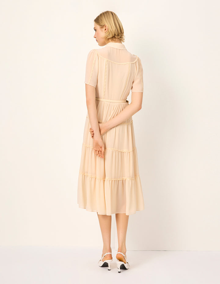 MARYLING Lapel Short Sleeve Ruffle Trim Pleated Tiered Silk Midi Shirt Dress