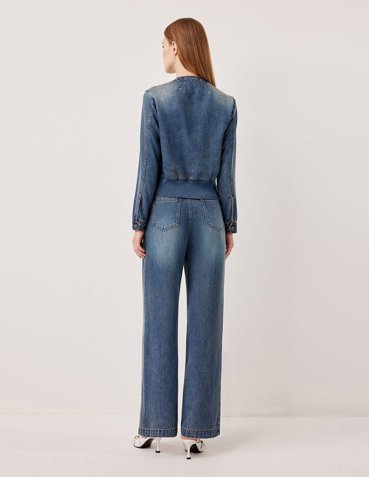 MARYLING Round Neck Hollow Long-Sleeve Cropped Biker Denim Jacket