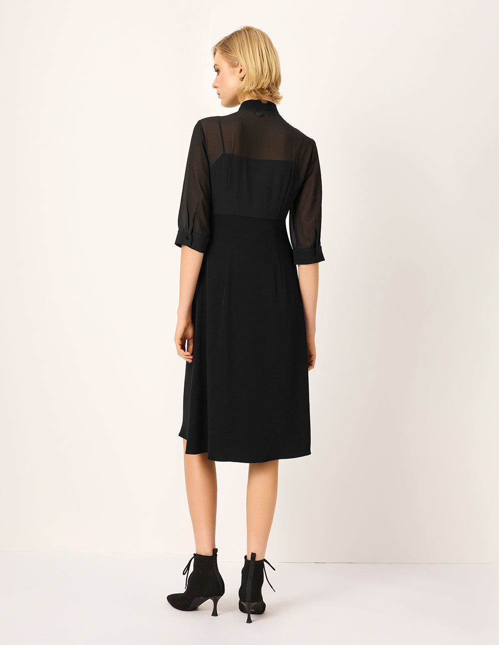 MARYLING Tie Half-Sleeve A-Line Midi Black Shift Dress