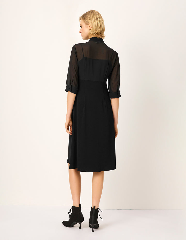 MARYLING Tie Half-Sleeve A-Line Midi Black Shift Dress