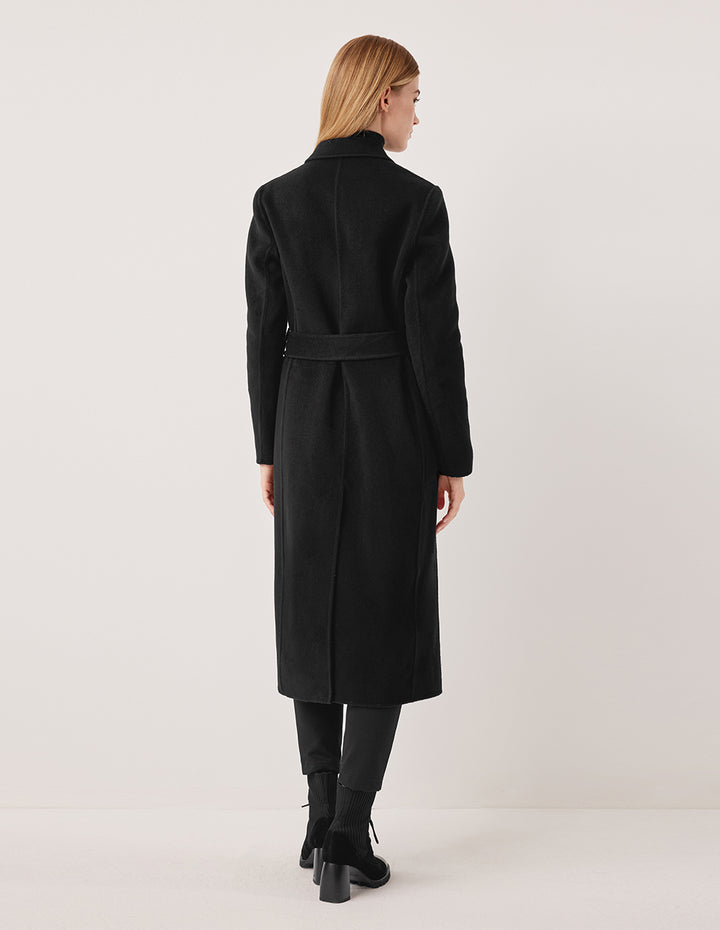 MARYLING Notched Lapel Structured Shoulder H-Line Double-Breasted Black Long Cashmere Coat