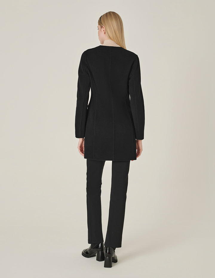 MARYLING Black V-Neck Single-Breasted Silk-Wool Coat