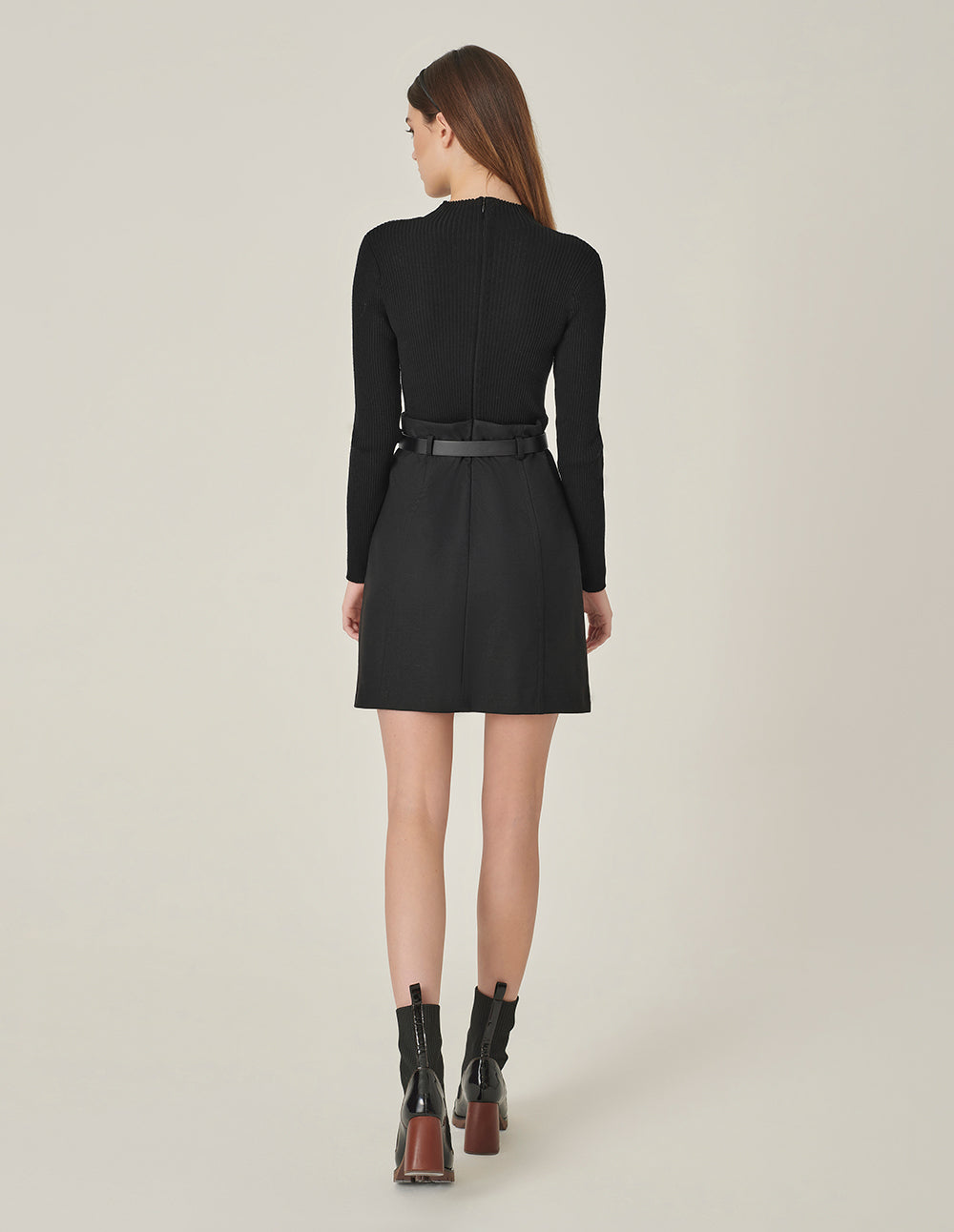 MARYLING Black Faux Wool Knit Slit Dress
