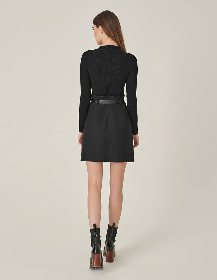MARYLING Black Faux Wool Knit Slit Dress