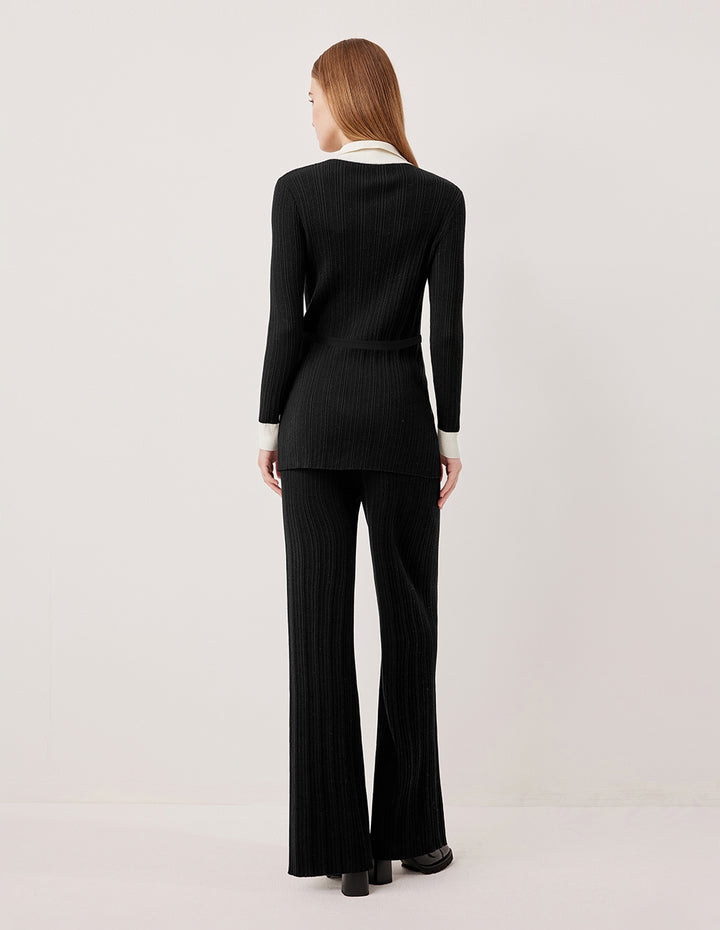 MARYLING Lapel Long Sleeve Belted Wool Long Knit Cardigan