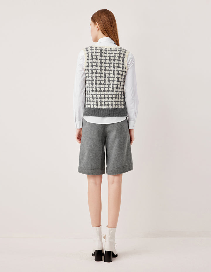 MARYLING V-Neck Sleeveless Plaid 100% Wool Knit Vest