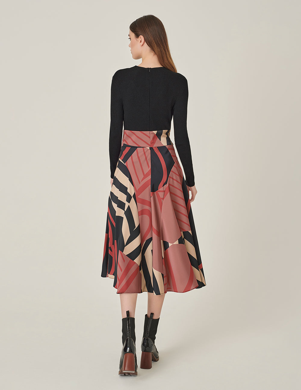 MARYLING Round-Neck Long-Sleeve Knitted Printed Pleated Midi Dress