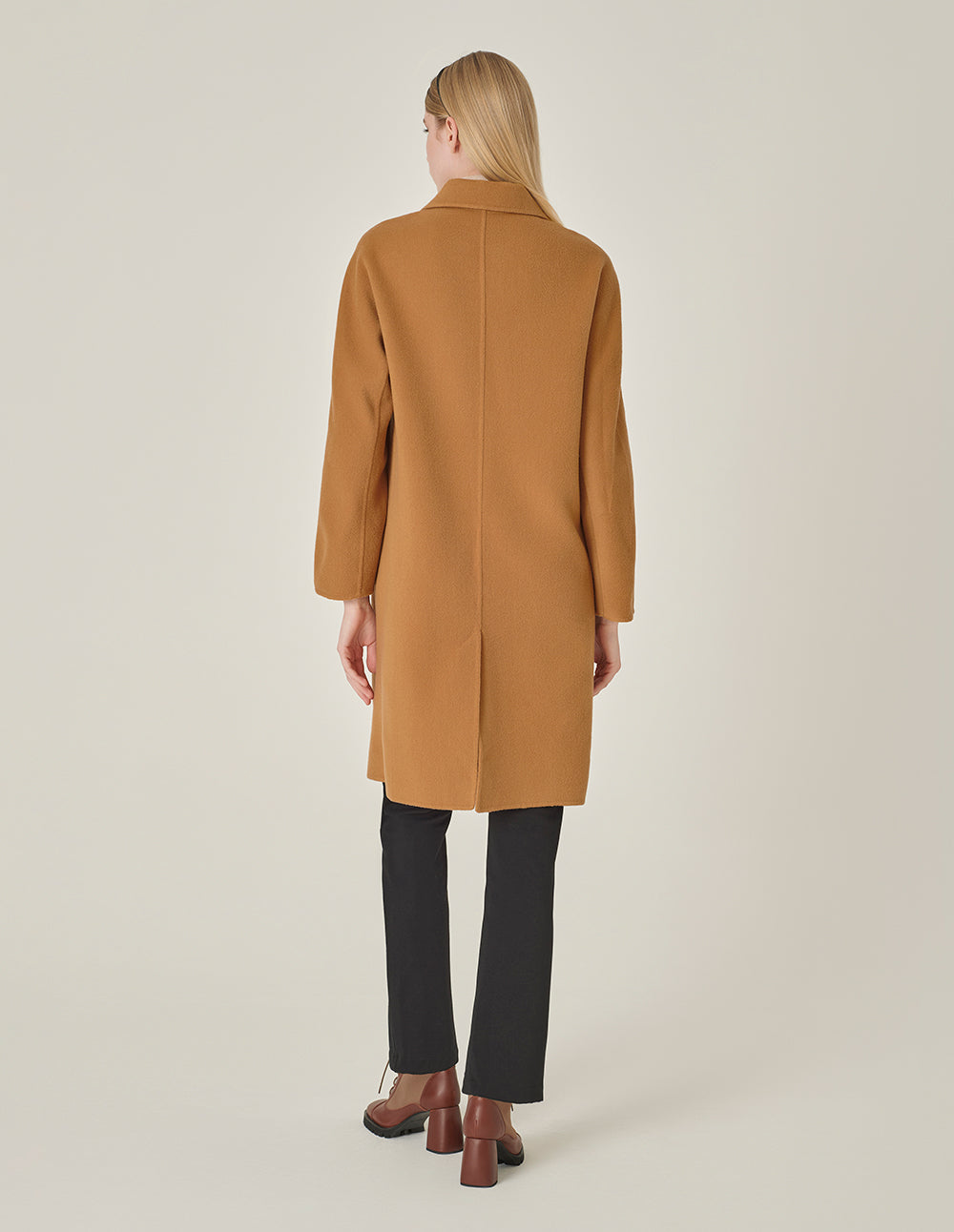 MARYLING Round-Neck Double-Breasted H-Shaped Camel-Colored Cashmere Coat