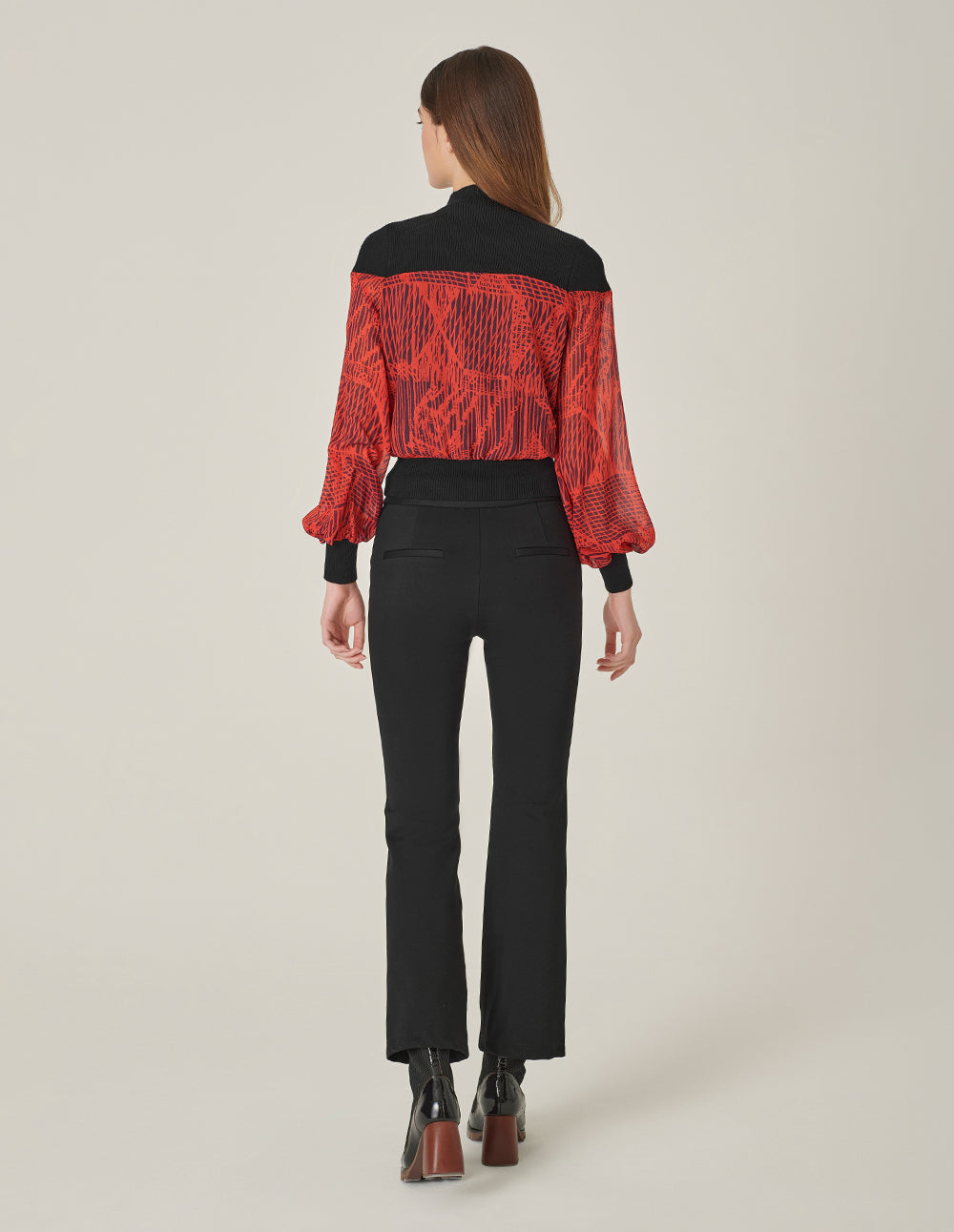 MARYLING High Collar Knit Patchwork Print Blouse