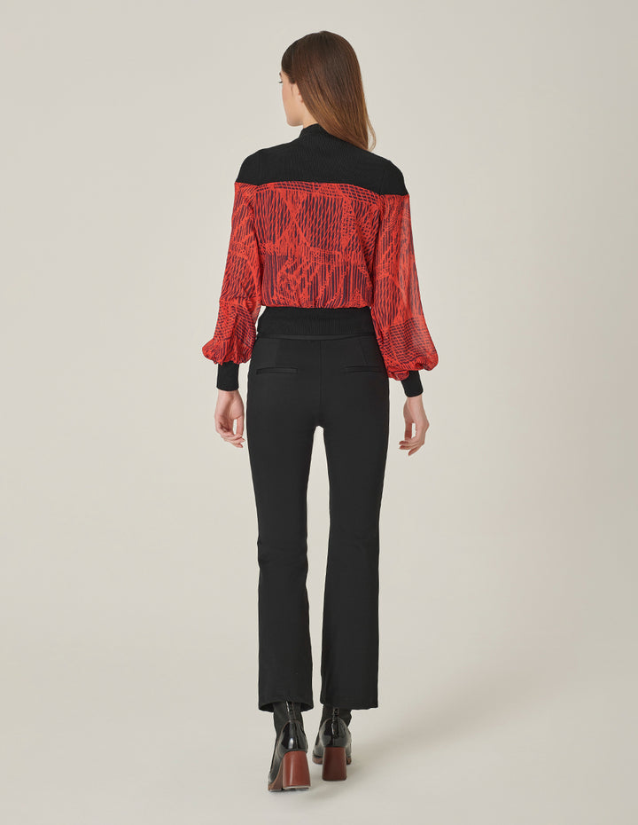 MARYLING High Collar Knit Patchwork Print Blouse