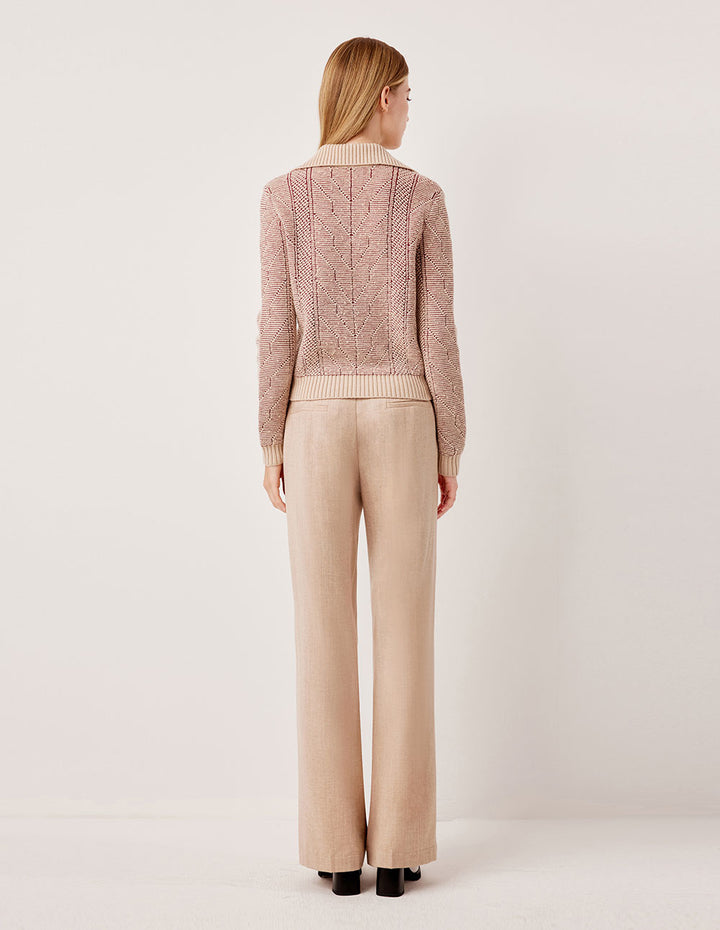 MARYLING Ribbed V-Neck Cable Texture Relaxed Fit Wool Pullover Sweater