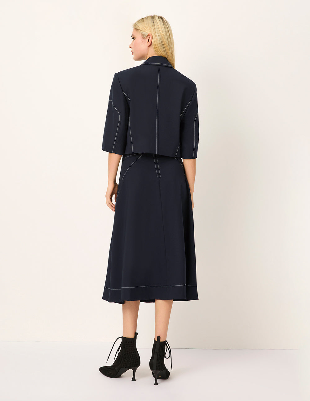 MARYLING Peaked Lapel Double-Breasted White Trim 3/4 Sleeve Jacket