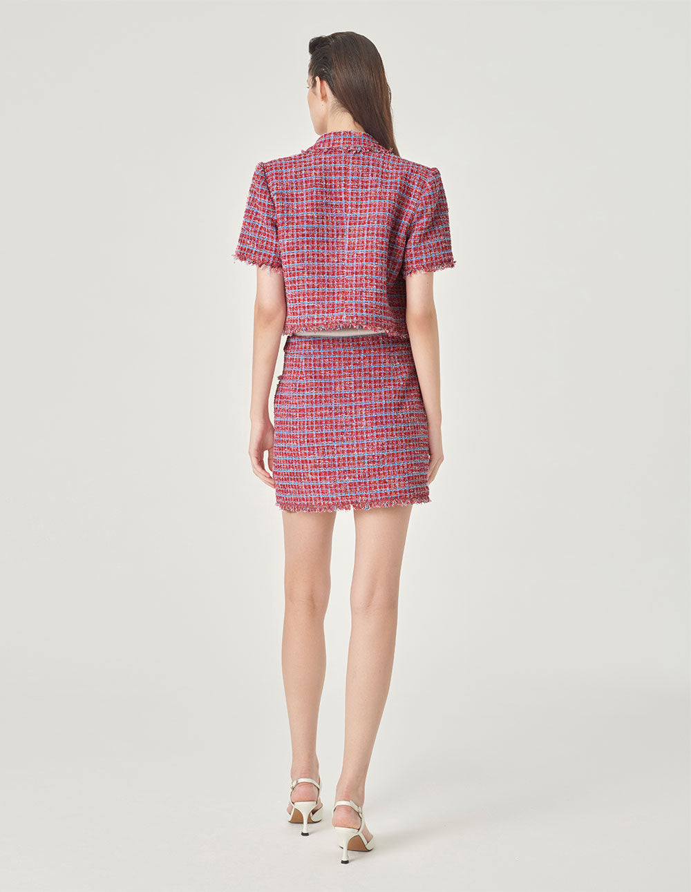 MARYLING Pink Blue Plaid Tweed Mini A Line Skirt
