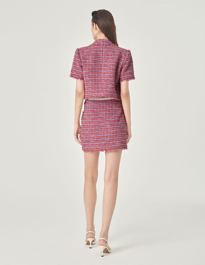 MARYLING Pink Blue Plaid Tweed Mini A Line Skirt