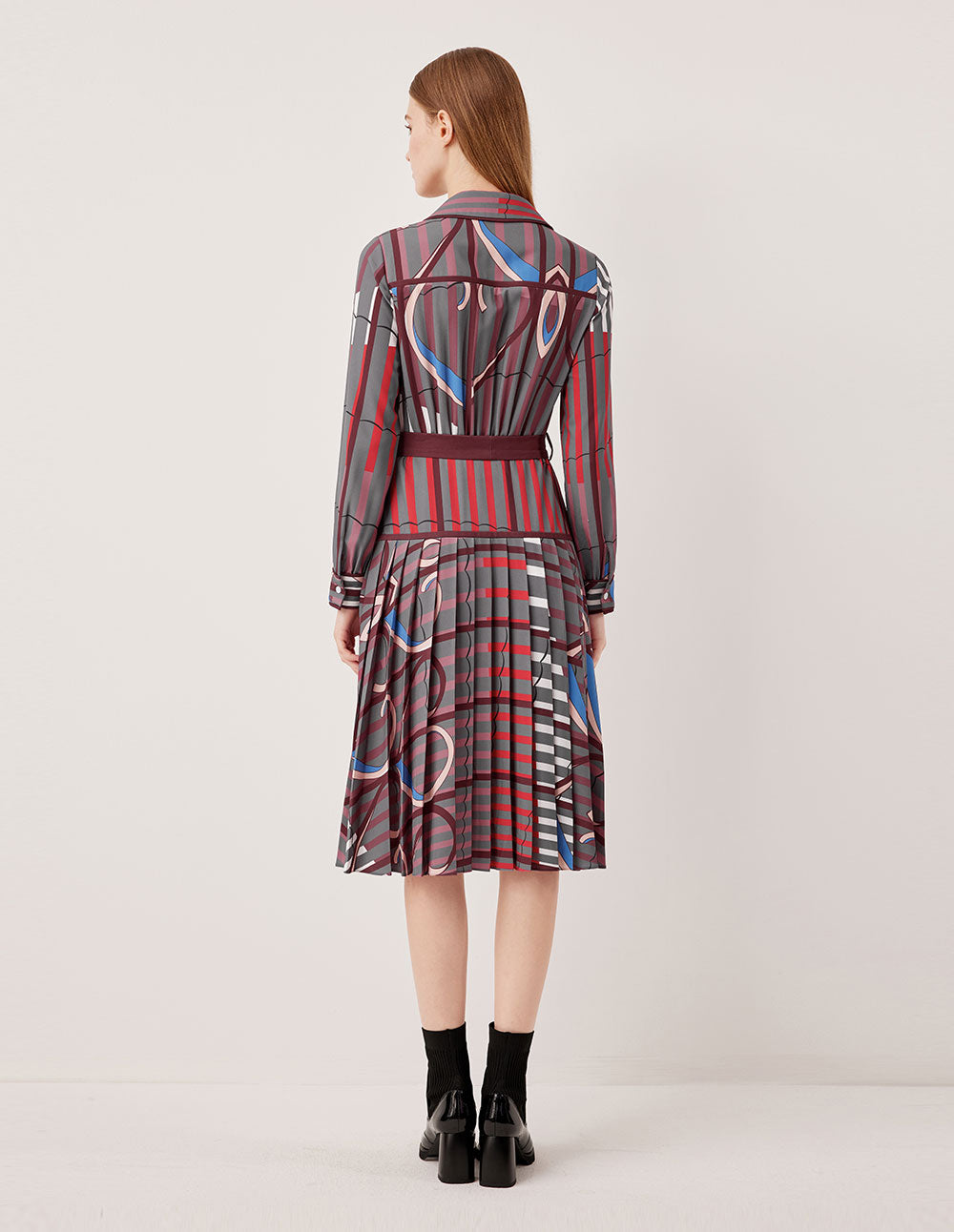 MARYLING Collared Pink-Purple Contrast Abstract Stripe Belted Long Shirt Dress