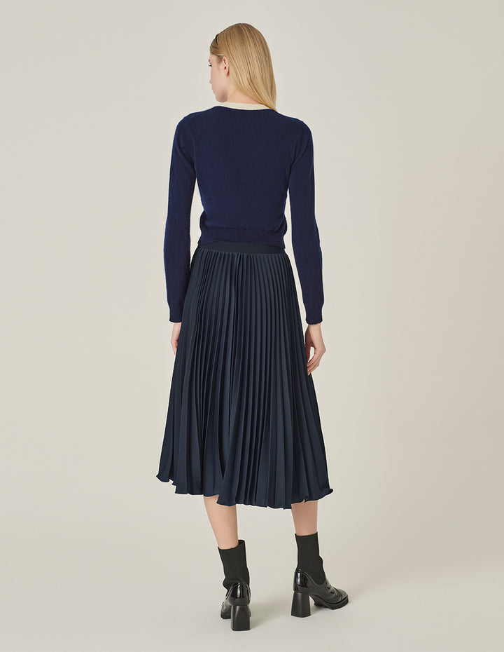 MARYLING Round-Neck Contrast Long-Sleeve Cropped Cashmere Knitted Sweater