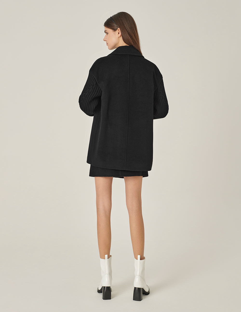 MARYLING Black Peak Lapel Double-Breasted Woolen-Sleeve Coat