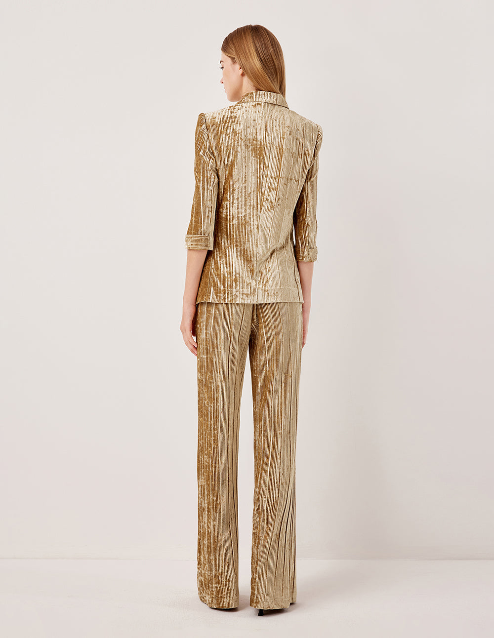 MARYLING Peak Lapel Double-Breasted 3/4 Sleeve Golden Velvet Blazer