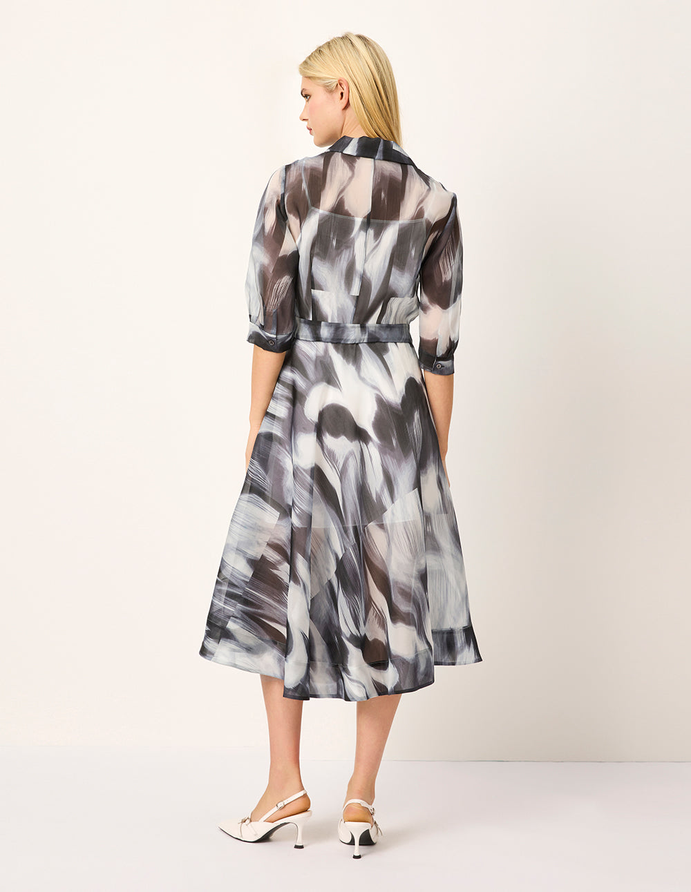 MARYLING Peaked Lapel Short-Sleeve Empire-Waist Artistic Print Midi Wrap Dress