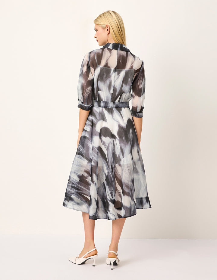 MARYLING Peaked Lapel Short-Sleeve Empire-Waist Artistic Print Midi Wrap Dress