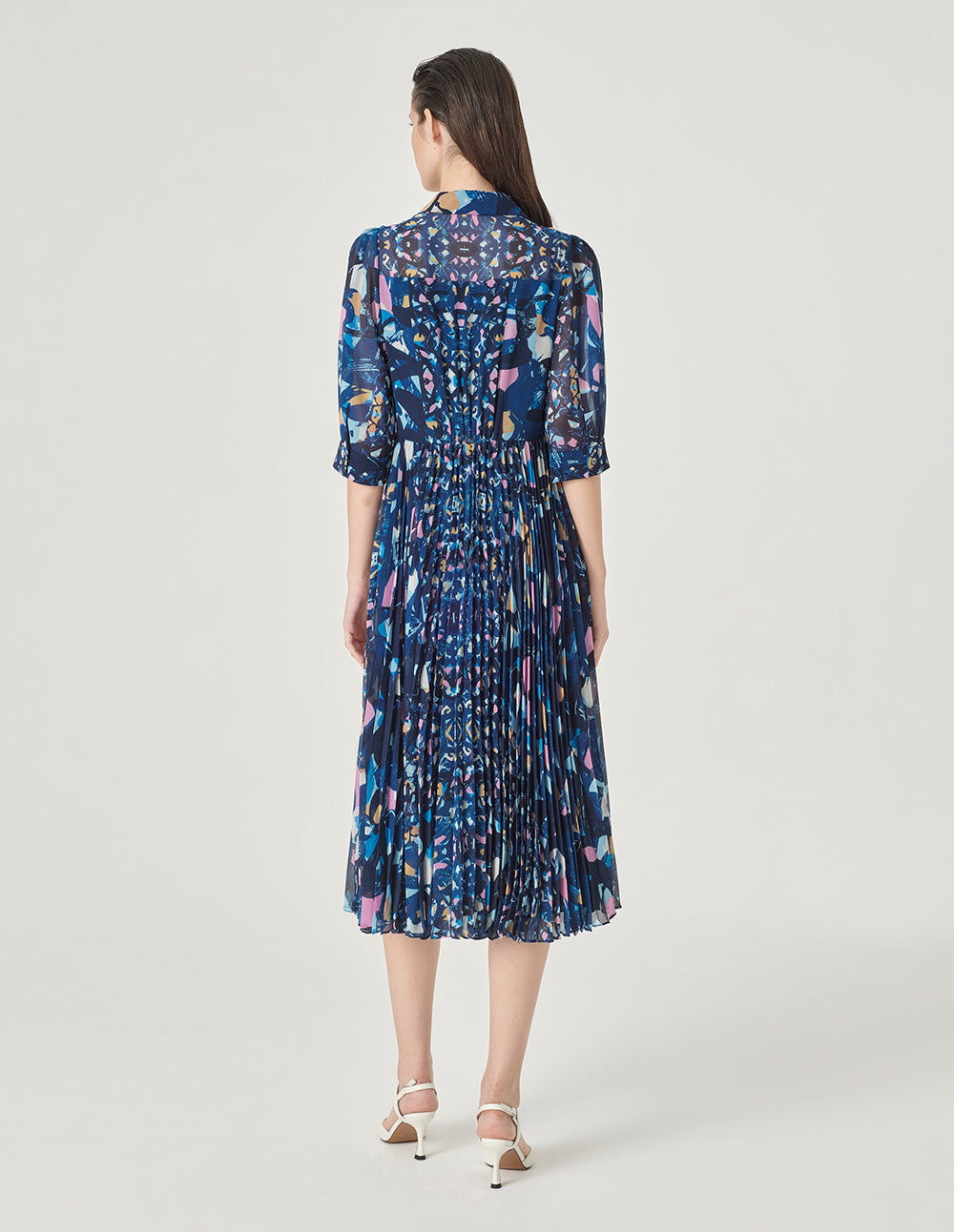 MARYLING V-Neck Shirt Style Printed Half-Sleeves Midi Dress