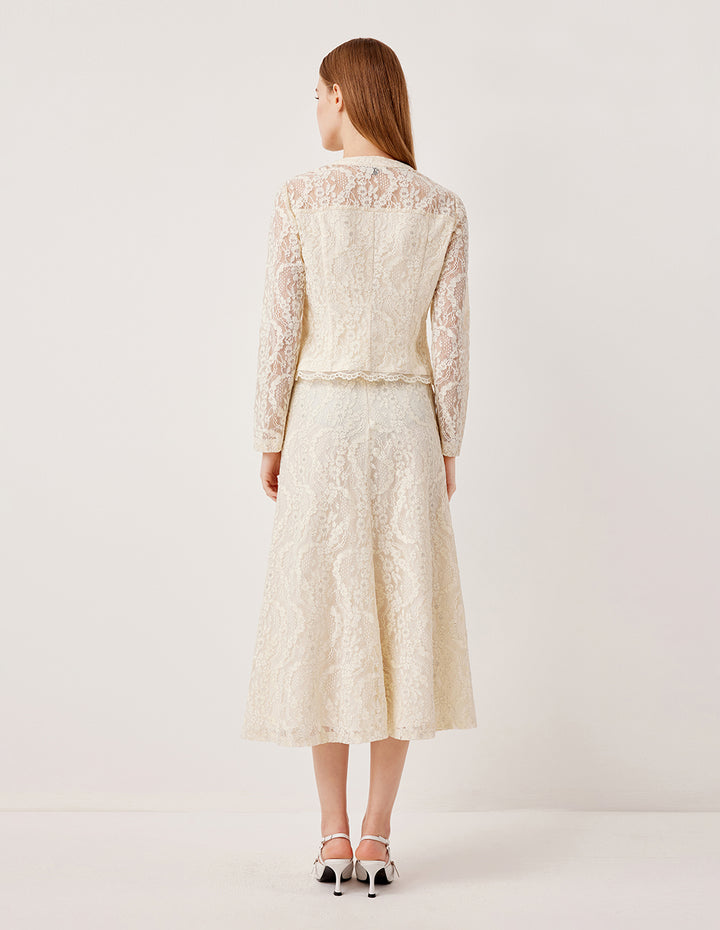 MARYLING Round Neck Lace Embroidered Sequin Long Sleeve Top