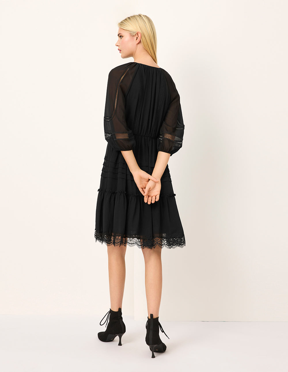 MARYLING Tie V-Neck Sheer Puff Long-Sleeves Empire-Waist Lace-Trim Flounce Silk Midi Dress