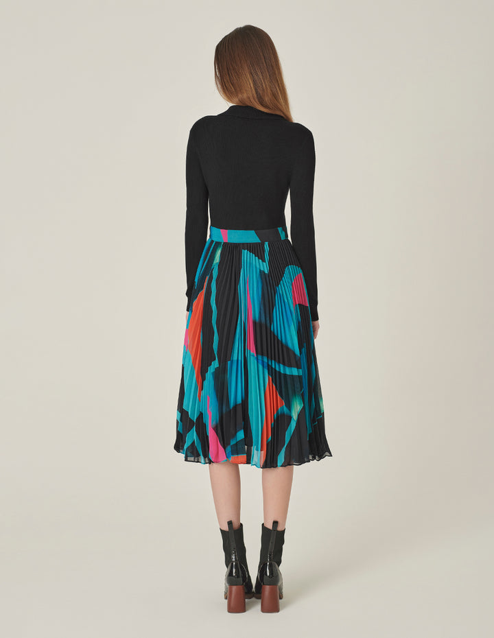 MARYLING Lapel Knitted Patchwork Printed Pleated Midi Dress