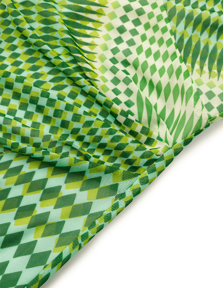 MARYLING Round-Neck Long-Sleeve Grid Print Midi Dress