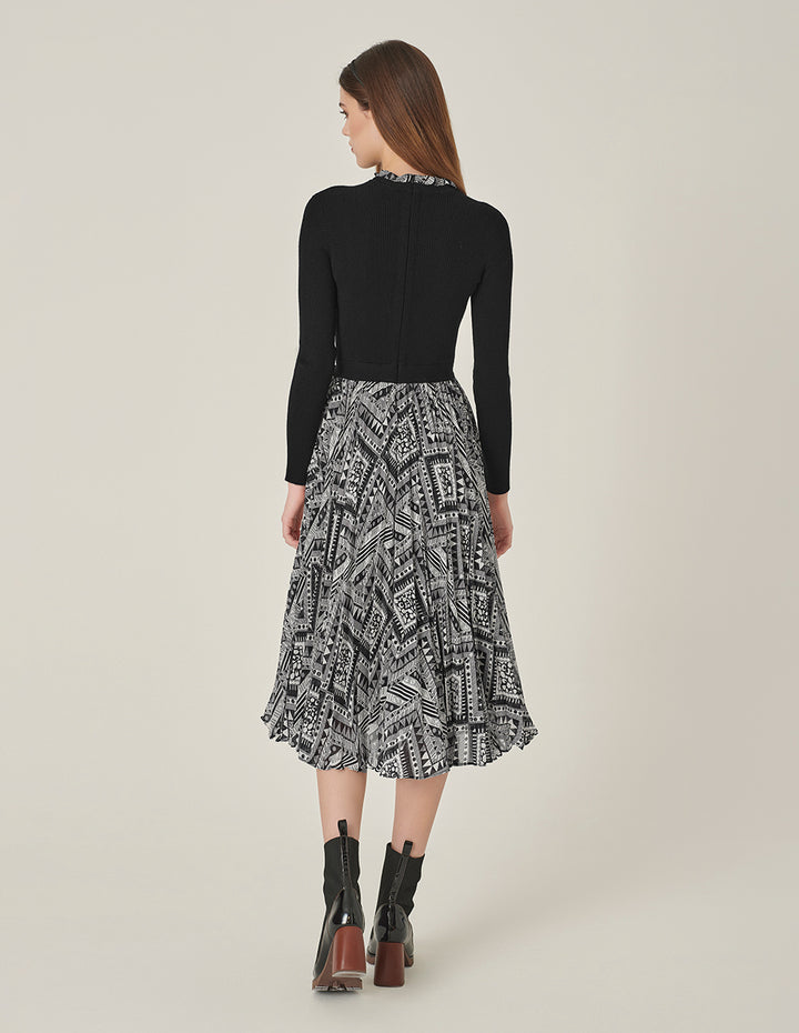 MARYLING Ruffle Collar Long-Sleeve Printed Patchwork Knitted Midi Dress