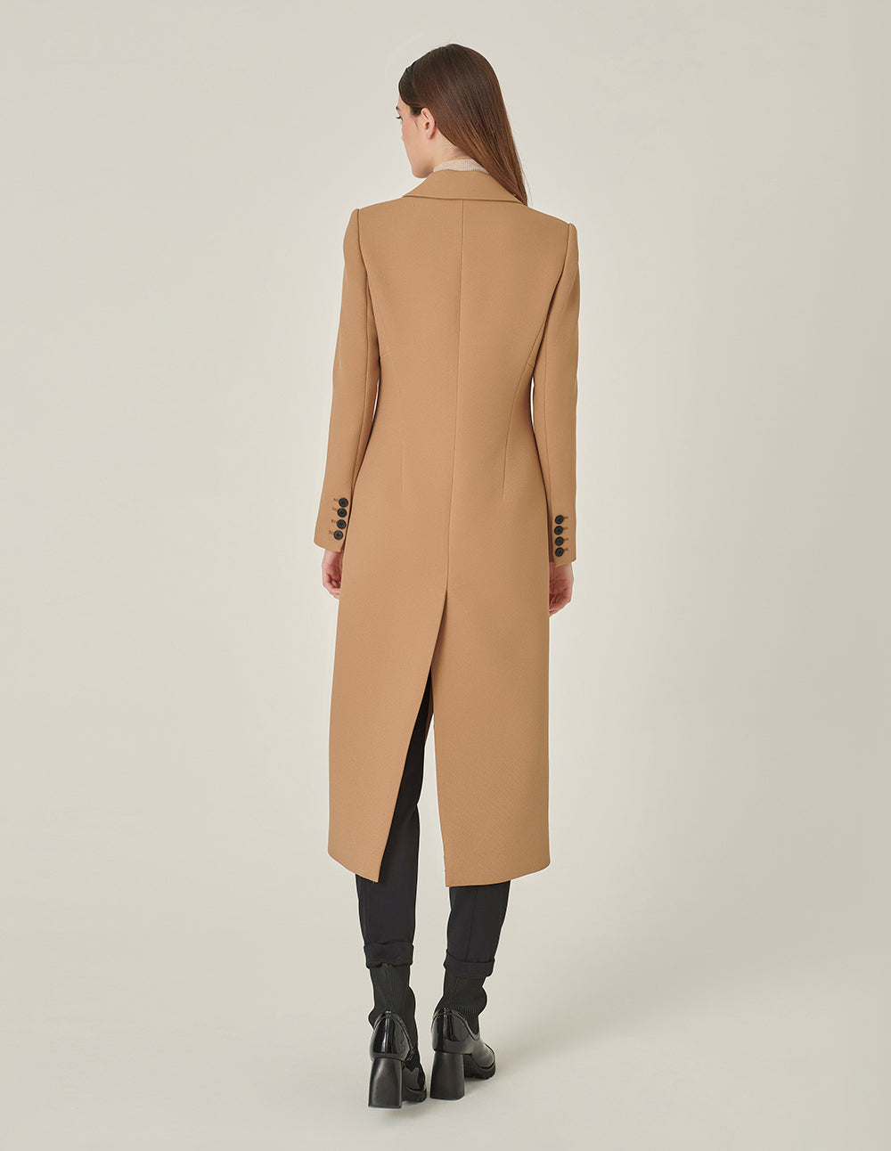 MARYLING Camel Peaked Lapel Double-Breasted Long Coat