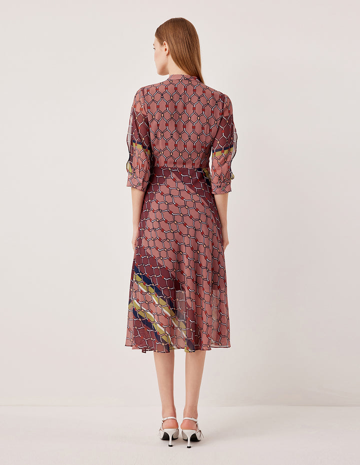MARYLING V-Neck 3/4 Sleeve Wrap Midi Dress with Geometric Print