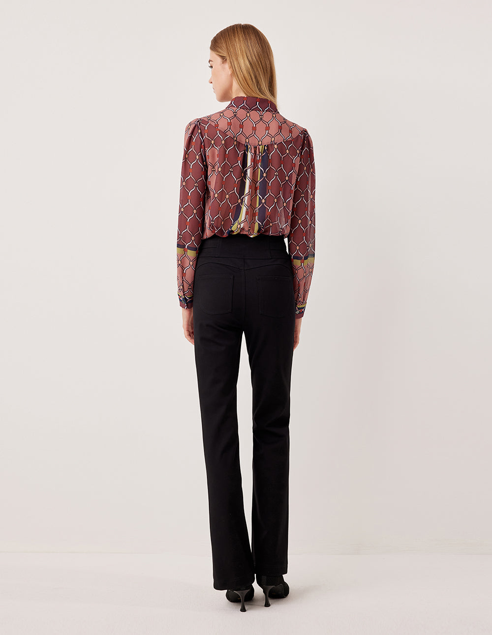 MARYLING Tie-Neck Long Sleeve Geometric Print Blouse