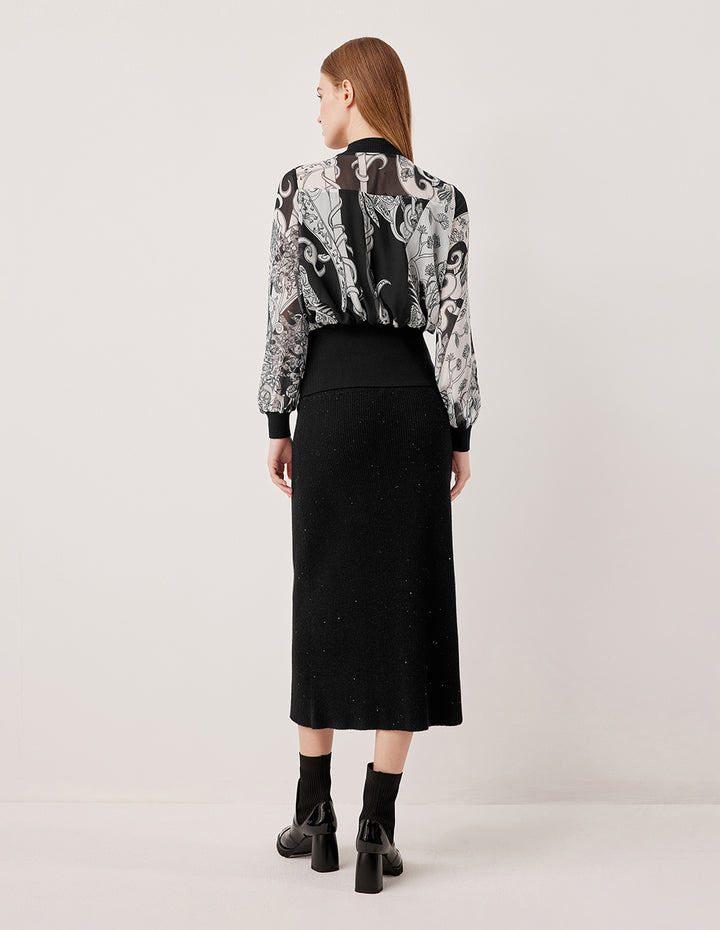 MARYLING Semi-High Neck Long Sleeve Paisley Pattern Top