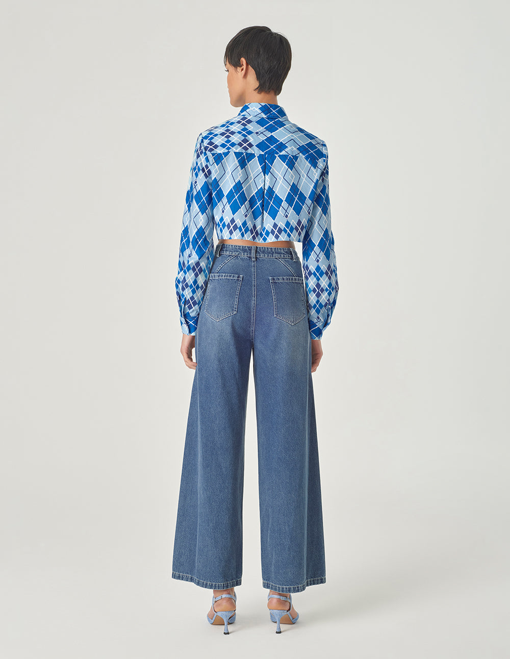 MARYLING Blue And White Plaid Shirt Collar Round Hem Blouse