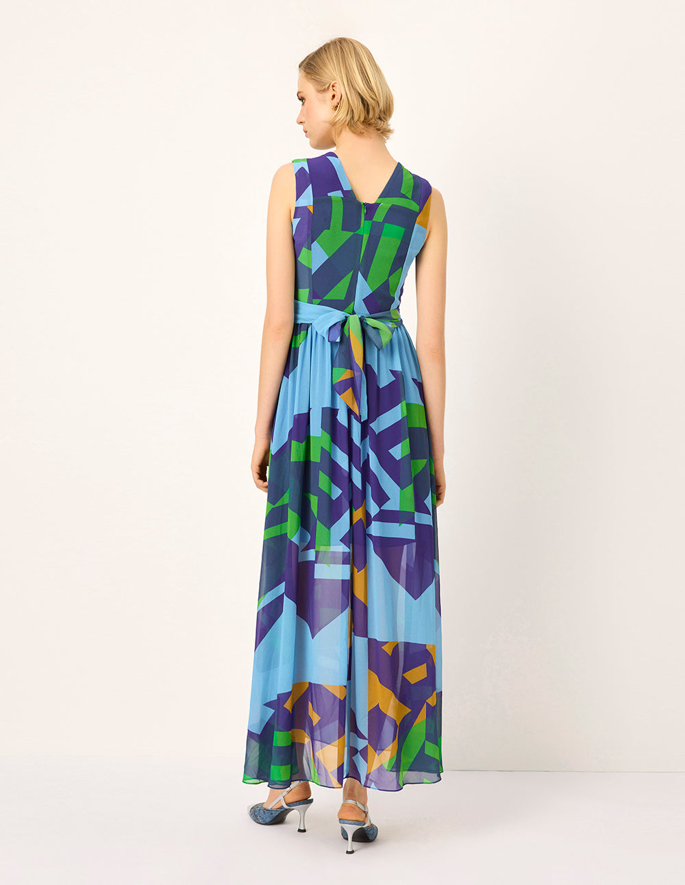 MARYLING V-Neck Sleeveless Blue Green Patchwork Floral Pleated Midi Dress