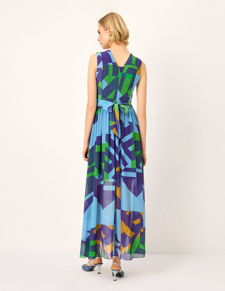 MARYLING V-Neck Sleeveless Blue Green Patchwork Floral Pleated Midi Dress
