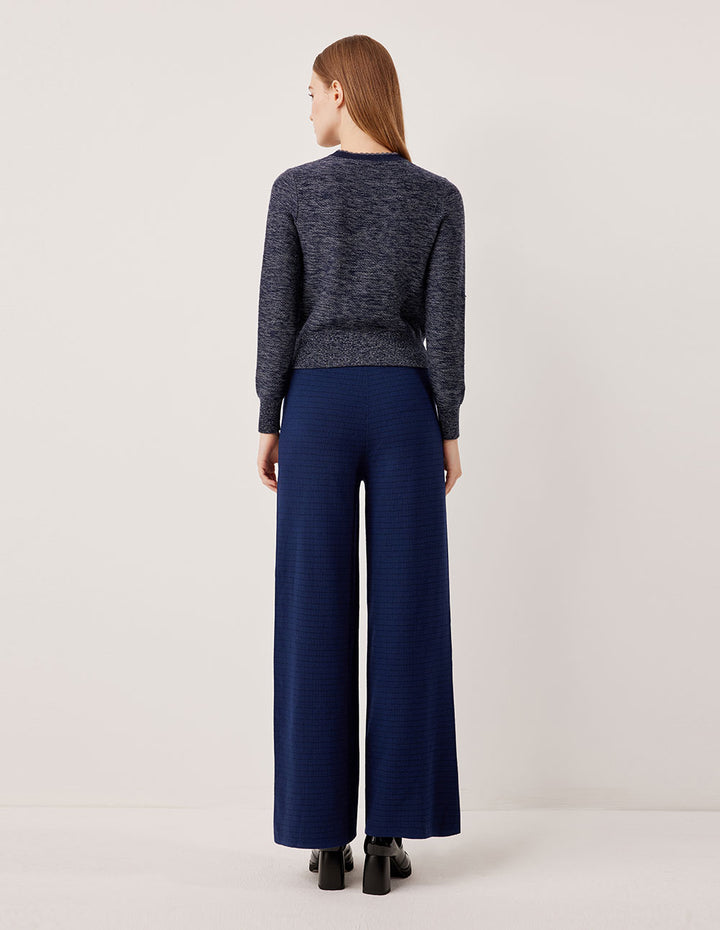 MARYLING Round Neck Ribbed Variegated Blue Wool Cardigan