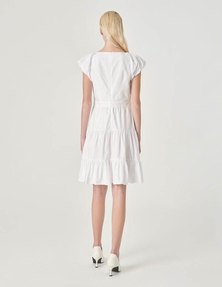 MARYLING Puff Sleeve Pleated Cotton Dress